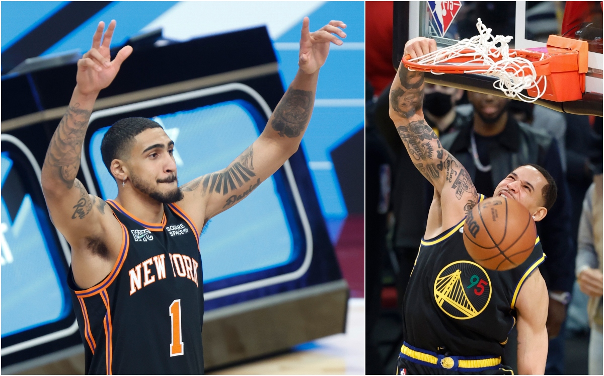 Juan Toscano cae ante Obi Toppin en el concurso de clavadas del NBA All-Star Game (AP)