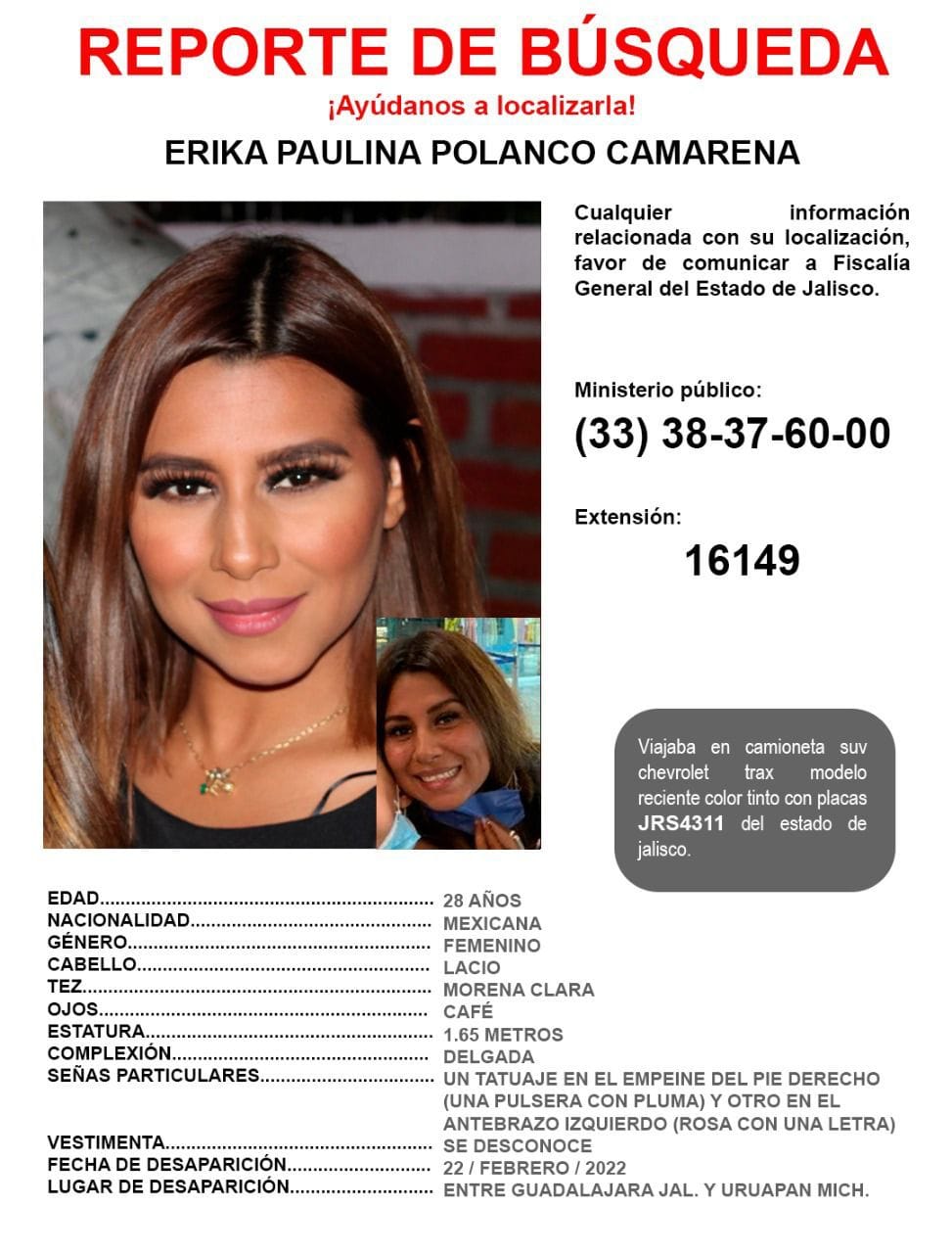 Desde el 22 de febrero no se sabe nada de Érika ni de sus compañeros. (Cortesía)
