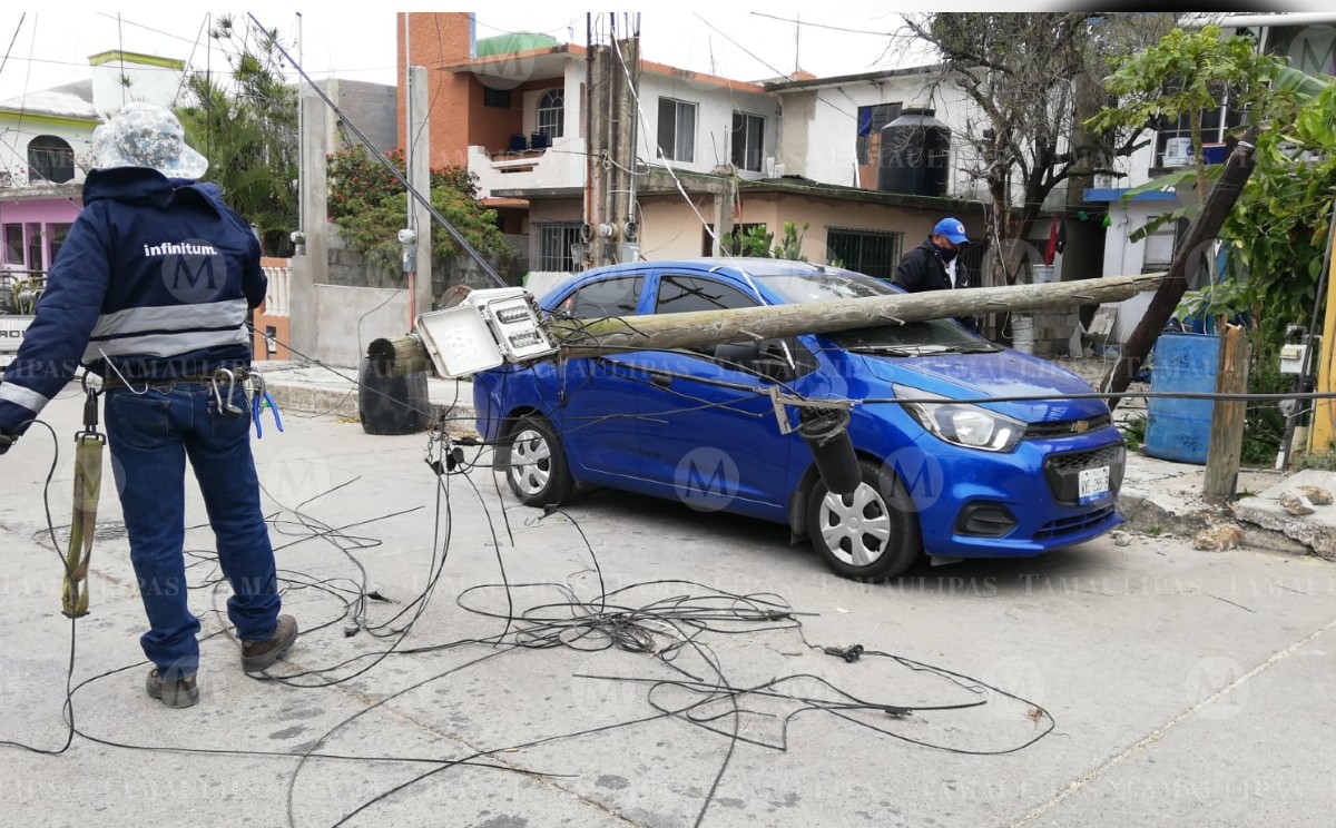 Poste cayó sobre un auto, tras norte por frente frío 35 en Tampico |  Yasmín Sánchez
