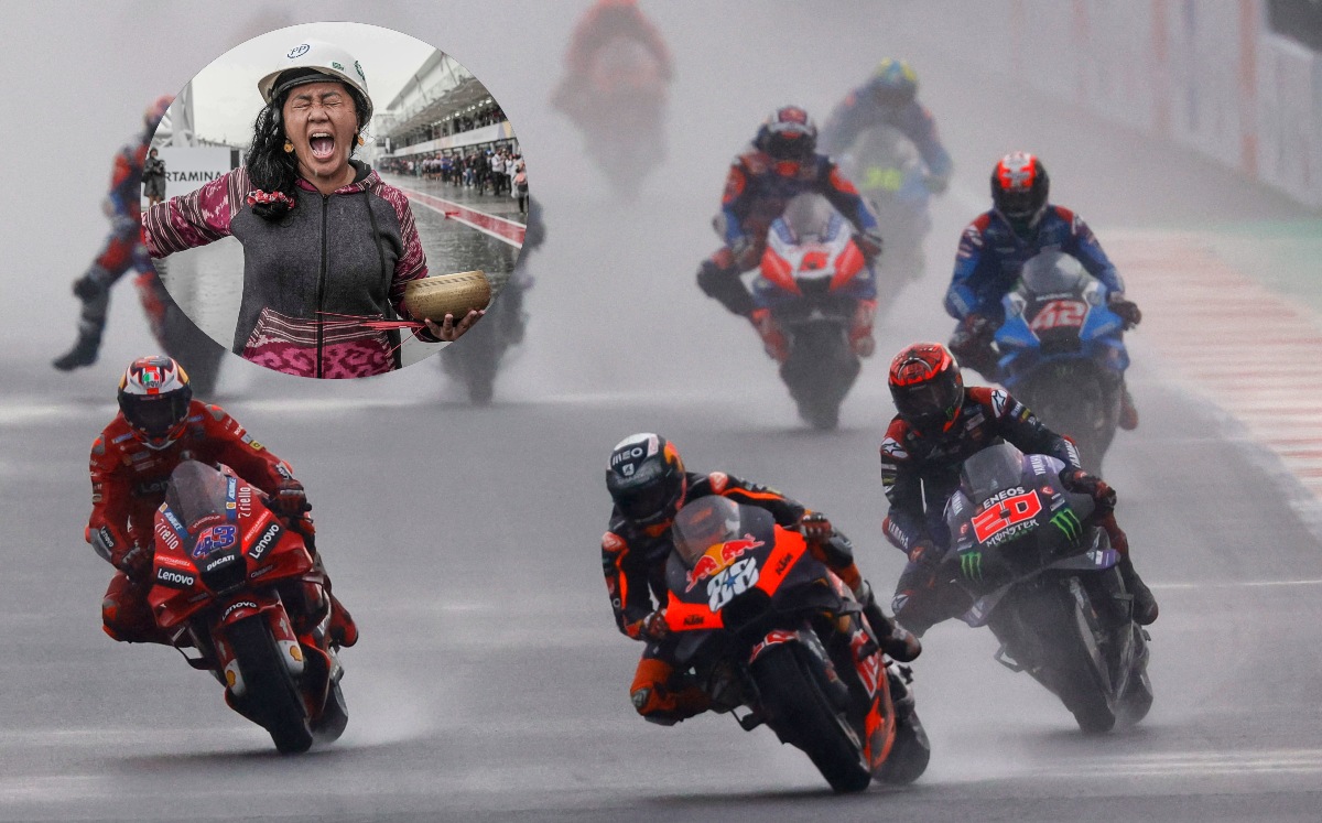 Mujer hace ritual para que cese la lluvia en MotoGP en Indonesia (Reuters / Twitter @MotoGP)