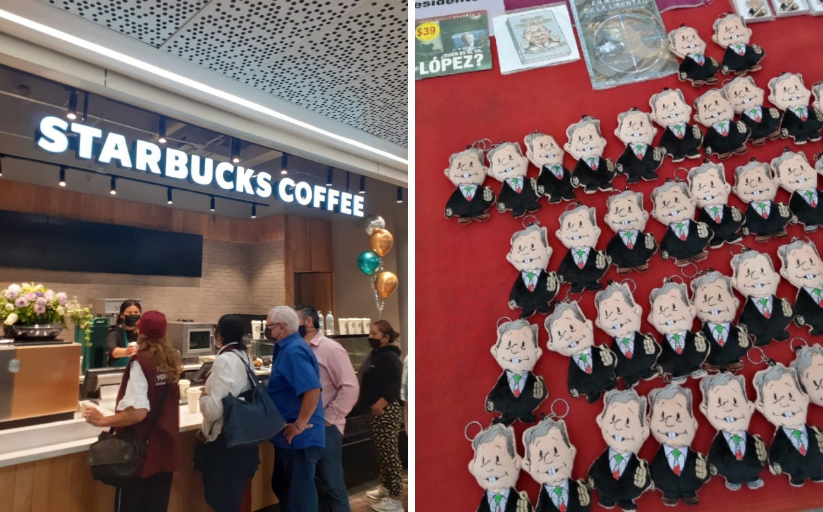 Starbucks regaló producto y se vendieron peluches de AMLO en el AIFA. | Itzaxaya Campos y José Luis Medina