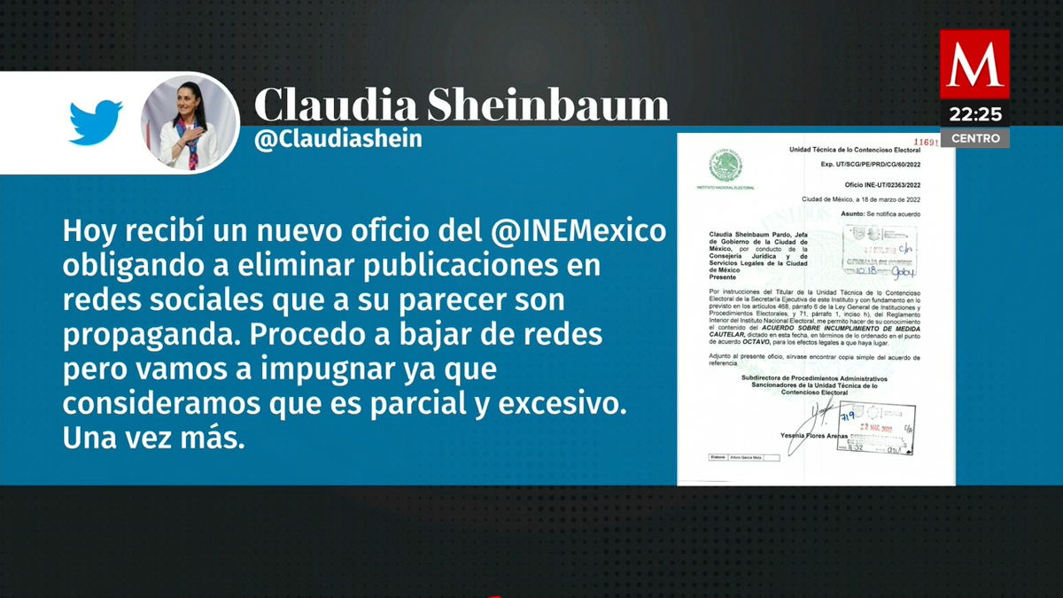Por segunda vez, INE pide a Sheinbaum quitar propaganda de revocación