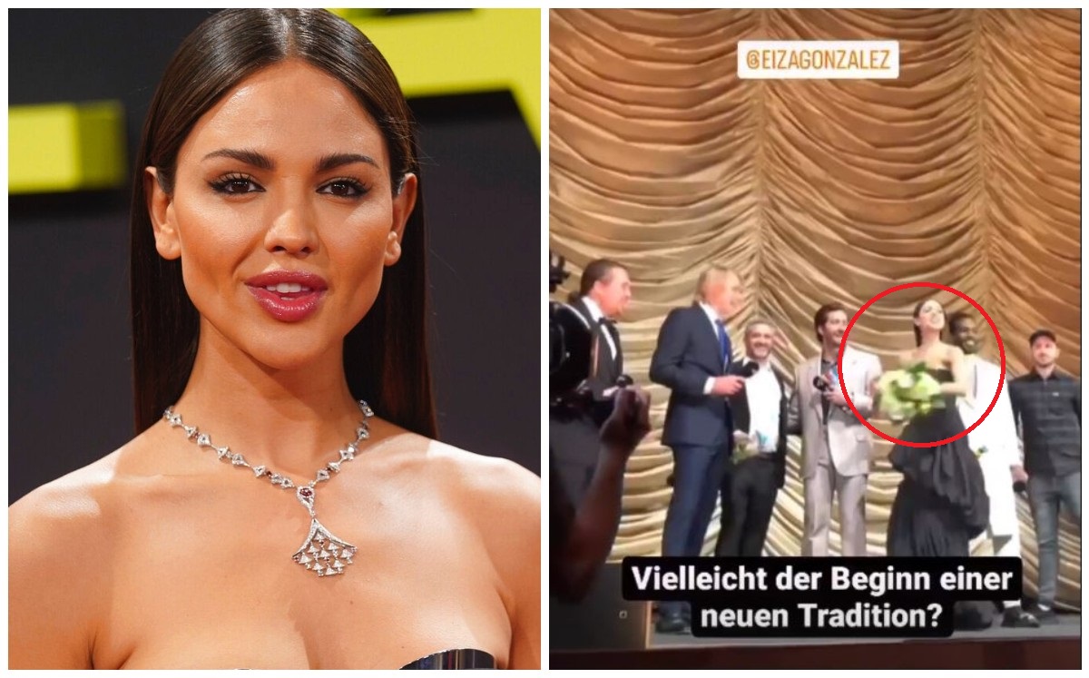 Eiza González lanza ramo de flores en Berlín durante la presentación de 'Ambulance'