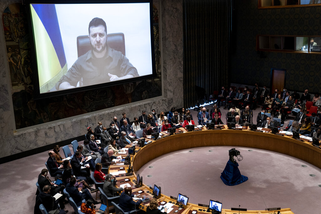 Volodimir Zelenski en videoconferencia en el Consejo de Seguridad de la ONU. | AP