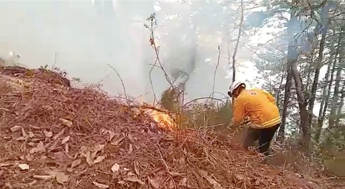 Continúan trabajos de combate al incendio en Santiago, Nuevo León. Foto: Especial.