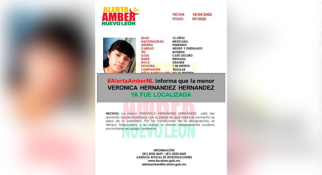 La Fiscalía General de Justicia de Nuevo León informó que Verónica Hernández fue localizada en el centro de García. Foto: Especial