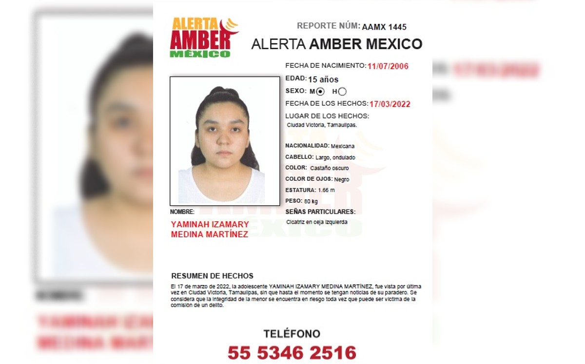 Yaminah Izamary Medina Martínez, menor desaparecida en Ciudad Victoria. (@AAMBER_mx)