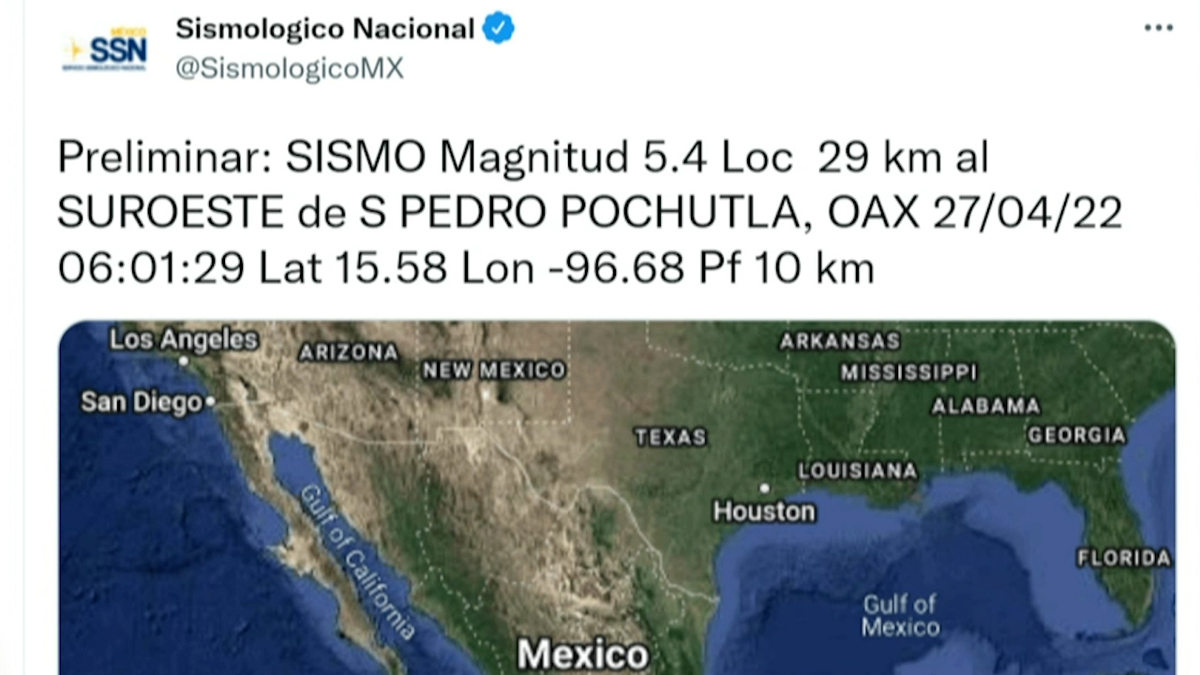 Se registra sismo de magnitud 5.4 en Oaxaca