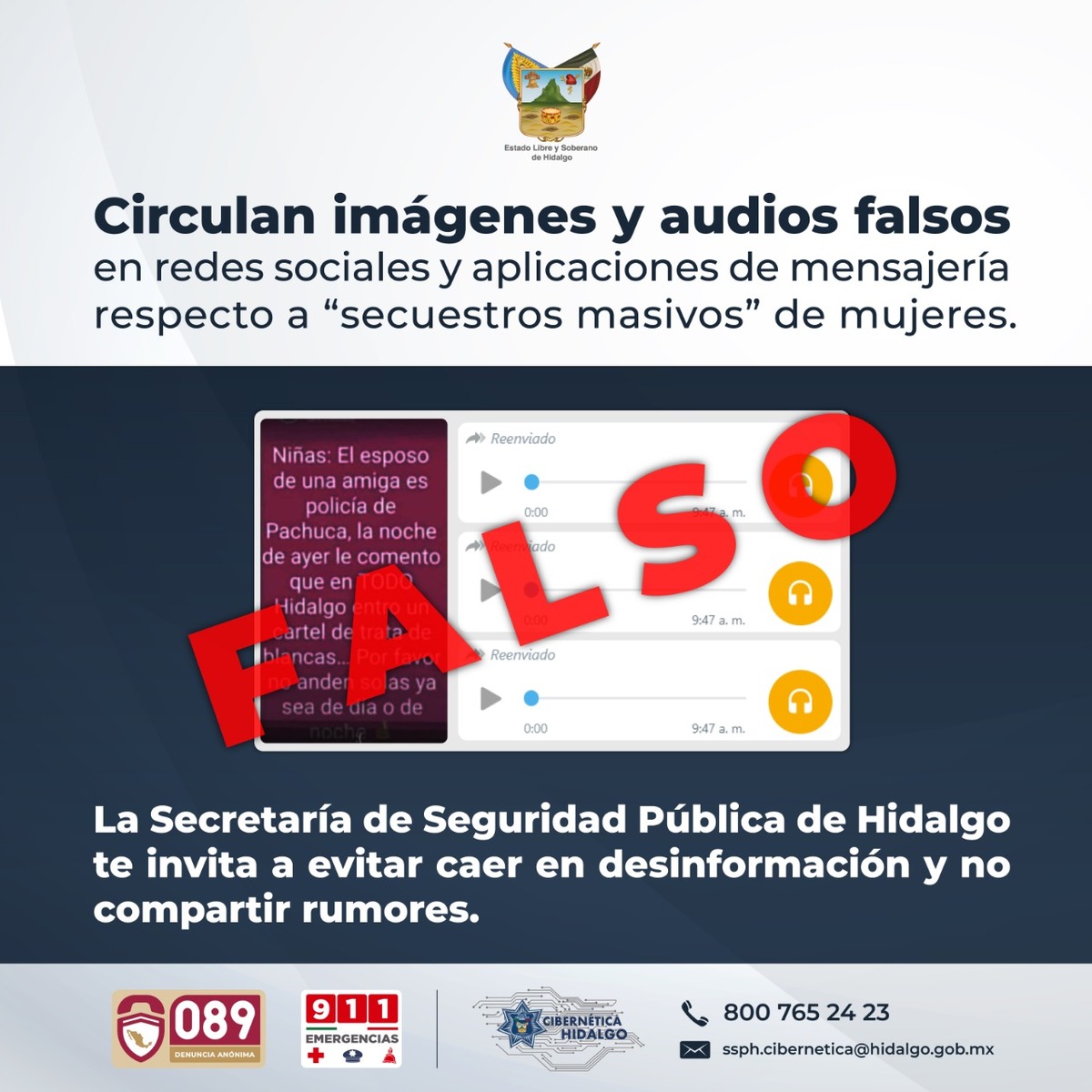 Información falsa de secuestros masivos en Hidalgo.