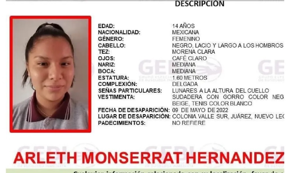 Desaparece menor de 14 años en Juárez, Nuevo León. Foto: Especial.