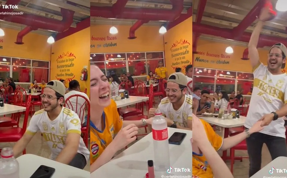 Con playera de Tigres y en una taquería, hombre propone matrimonio. Foto: Especial