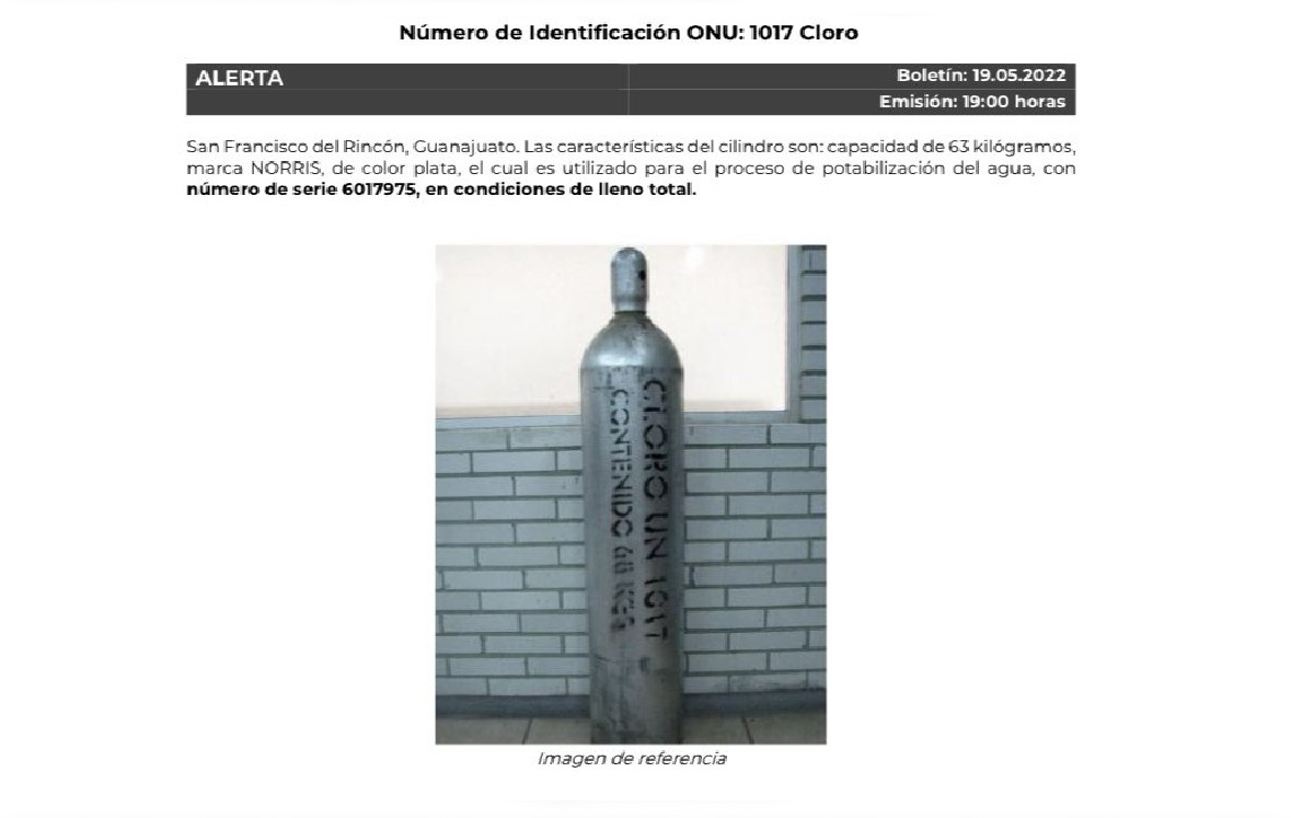 Protección Civil de México alerta robo de cilindro de gas cloro en San Francisco Rincón / Especial