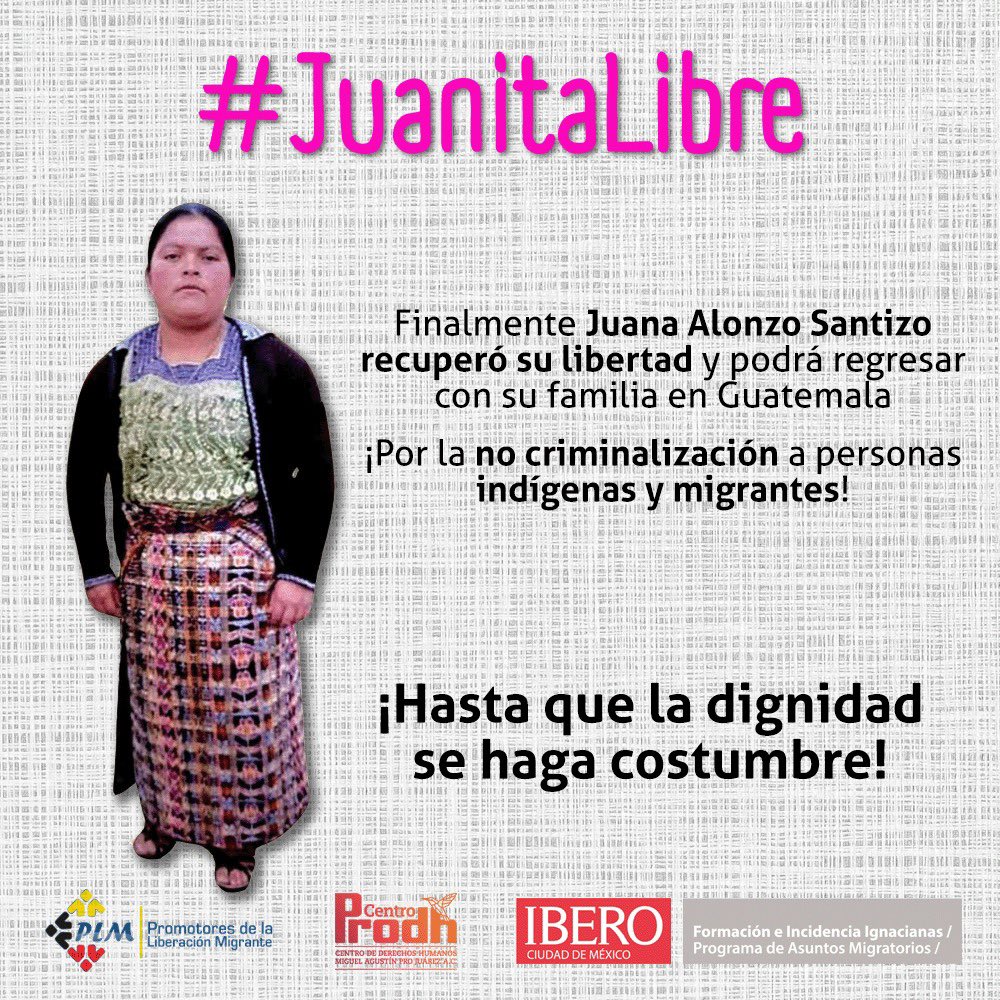 Juanita Alonzo fue liberada tras ocho años. (Tomada de @CentroProdh)