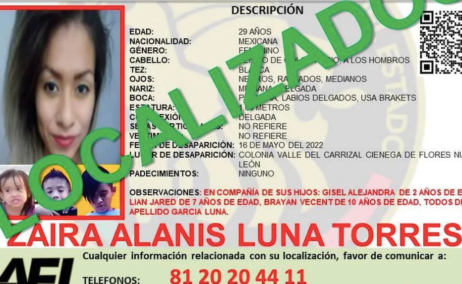 Localizan a mujer que desapareció con sus 3 hijos en Ciénega de Flores. Foto: Especial.