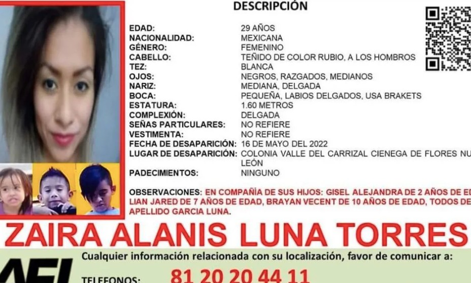 Zaira Alanís desapareció junto con sus tres hijos en Nuevo León. Foto: Especial.