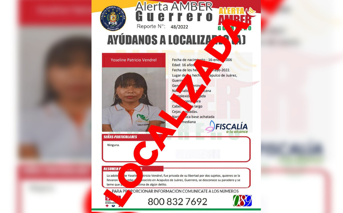 Fiscalía General del Estado de Guerrero informa que Yoseline Patricio Vendrel ya fue localizada. | Twitter @FGEGuerrero