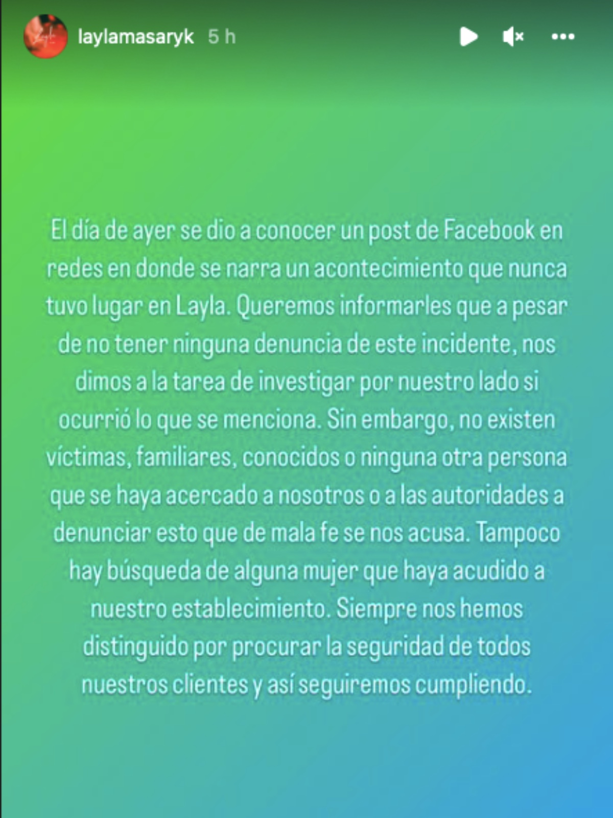 Mensaje publicado en la cuenta de Instagram de Layla Masaryk
