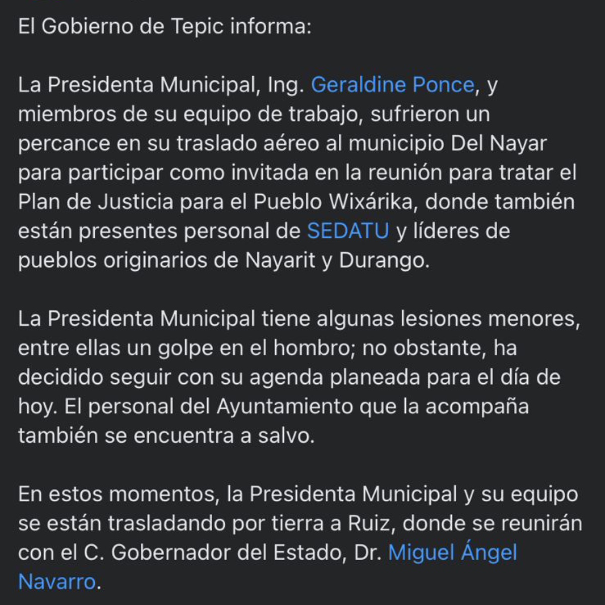 El reporte del Gobierno de Tepic sobre el accidente que sufrió la alcaldesa y su estado de salud.