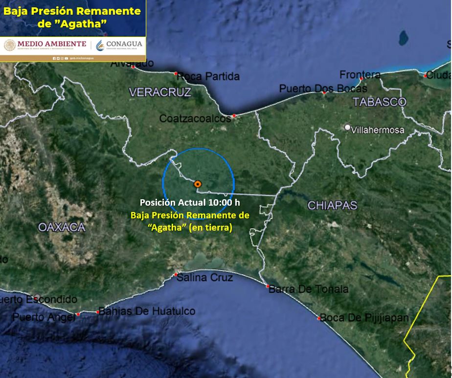 Agatha perdió fuerza en el sur de Veracruz y los límites con Oaxaca. | Conagua