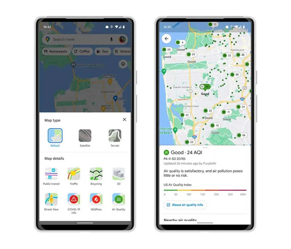 Google Maps y su herramienta para visualizar la calidad del aire (Captura).