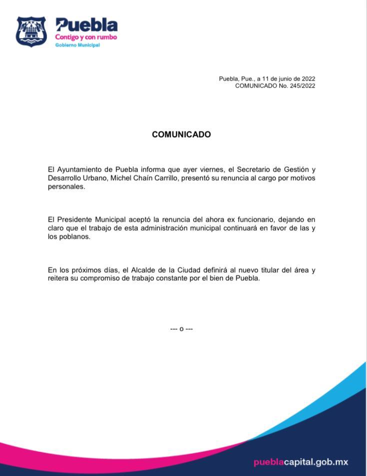 renuncia Michel Chaín a secretaría municipal