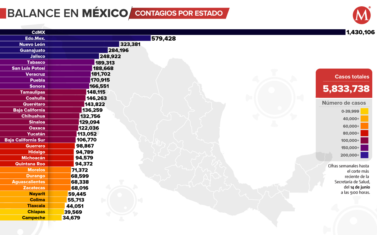 Casos de covid-19 en México al 14 de junio de 2022. (Ilustració)