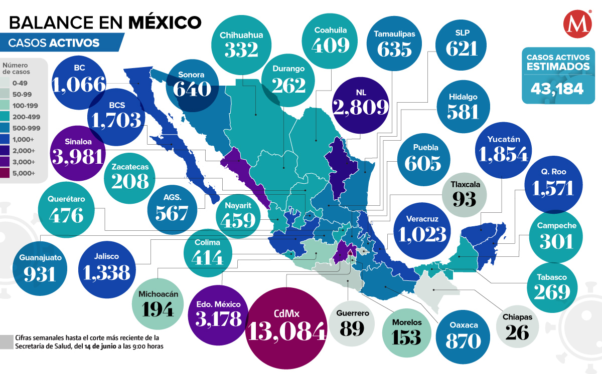 Casos activos de covid-19 en México al 14 de junio de 2022. (Ilustració)