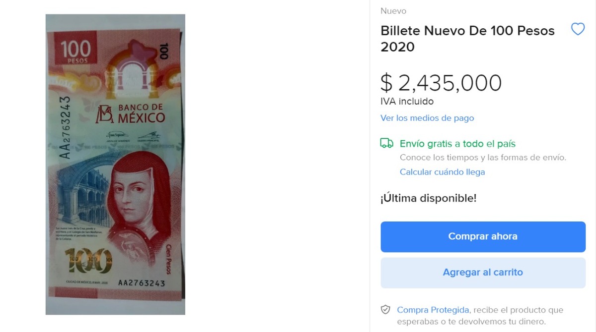 Billete de 100 pesos de Sor Juana Inés de la Cruz.