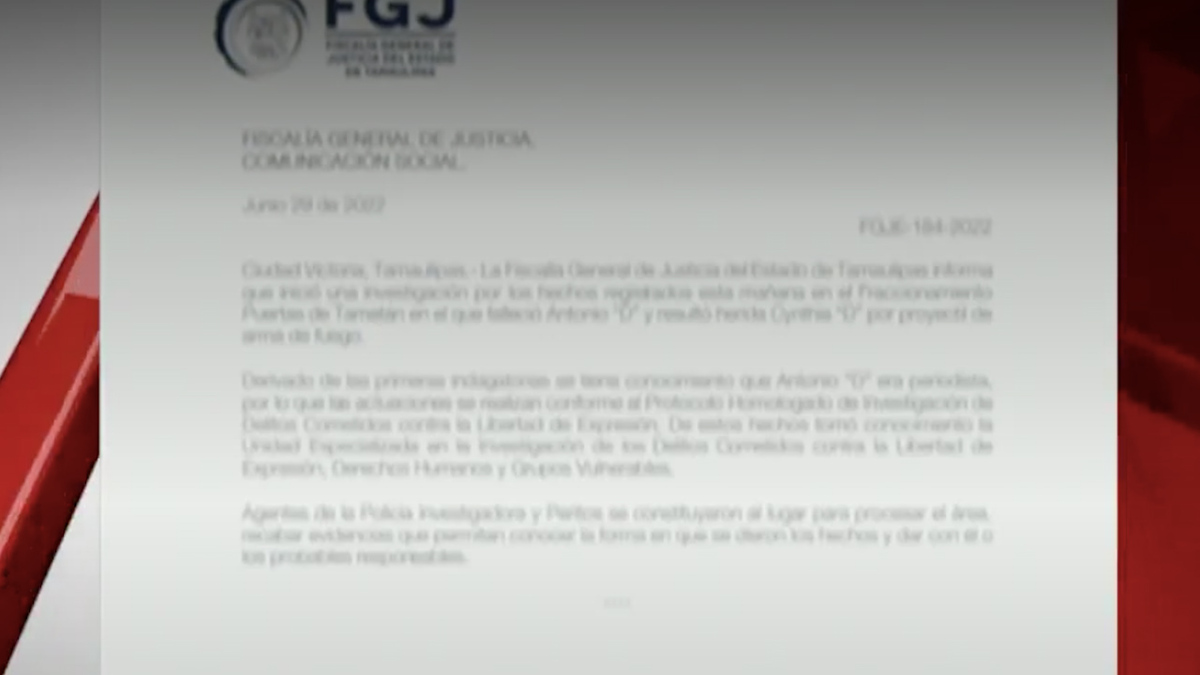 FGE lanza comunicado tras asesinato de periodista en Tamaulipas