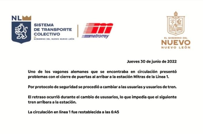 Falla Línea 1 del Metro en Monterrey; lleva más de media hora detenido