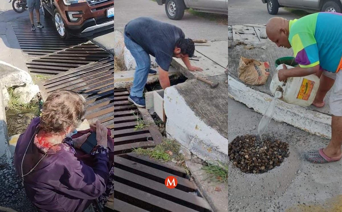Ciudadanos se organizan para reparar banqueta, tras caída de abuelita