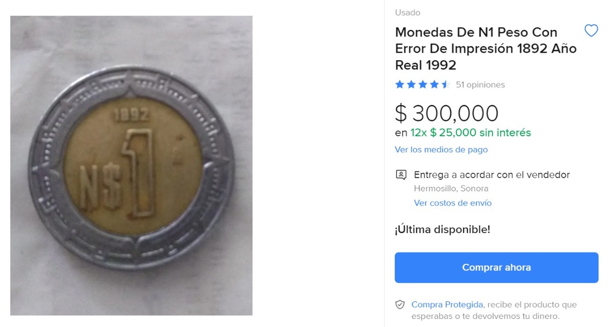 Post Mercado Libre: moneda de 1 nuevo peso.