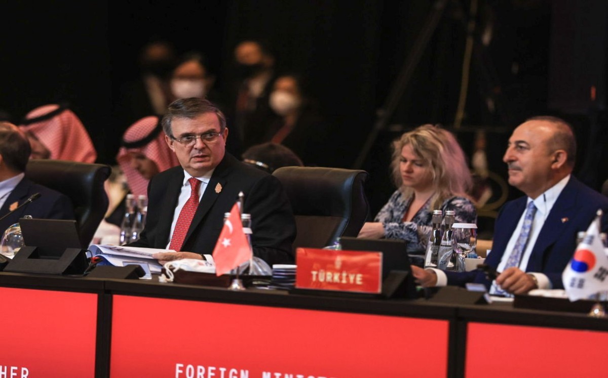 El secretario de Relaciones Exteriores, Marcelo Ebrard, durante su intervención en la reunión del G20. (Especial)