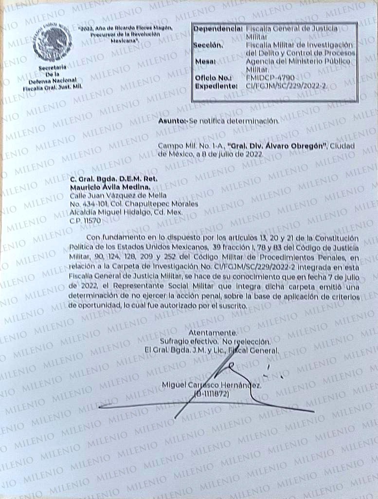 oficio de no acción penal contra el general