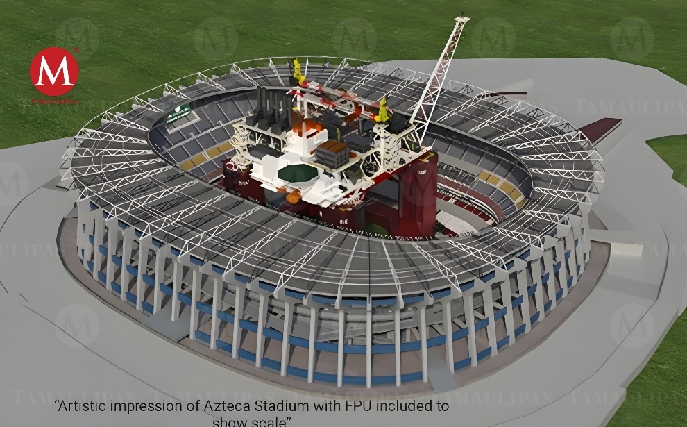 Render de la plataforma petrolera planeada por BHP en costas de Tamaulipas, comparada con el Estadio Azteca.