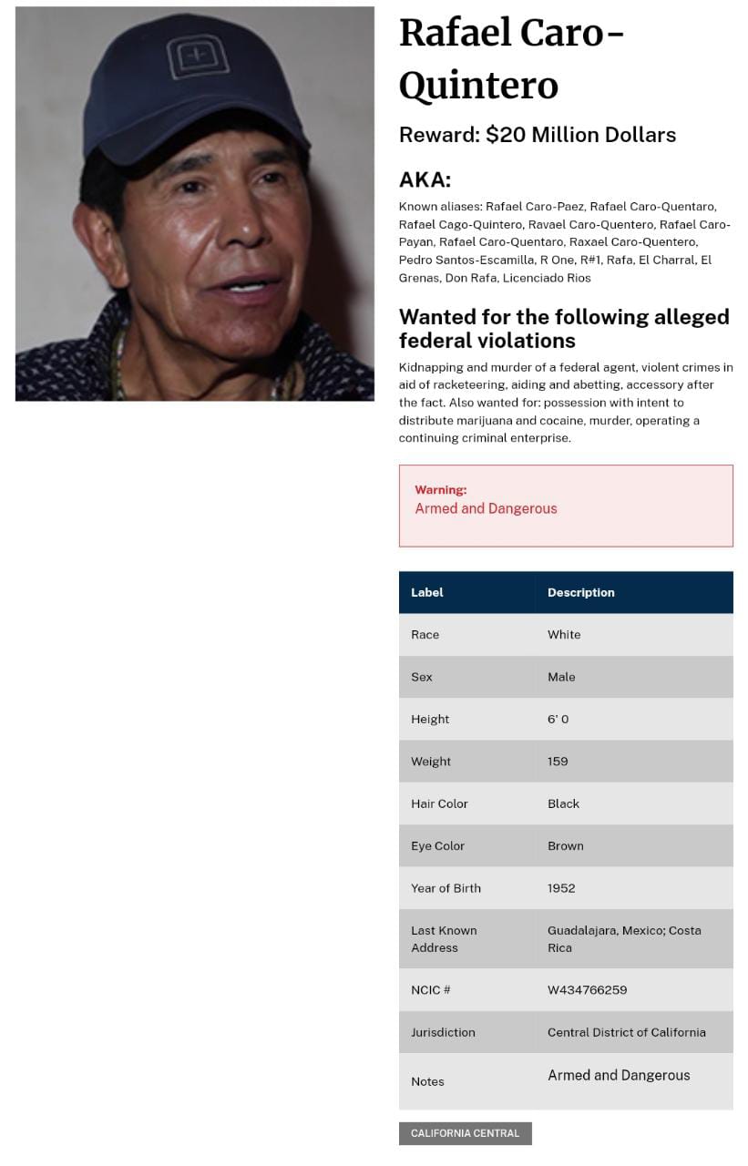 Ficha de Rafael Caro Quintero en la página de la DEA. (Especial)