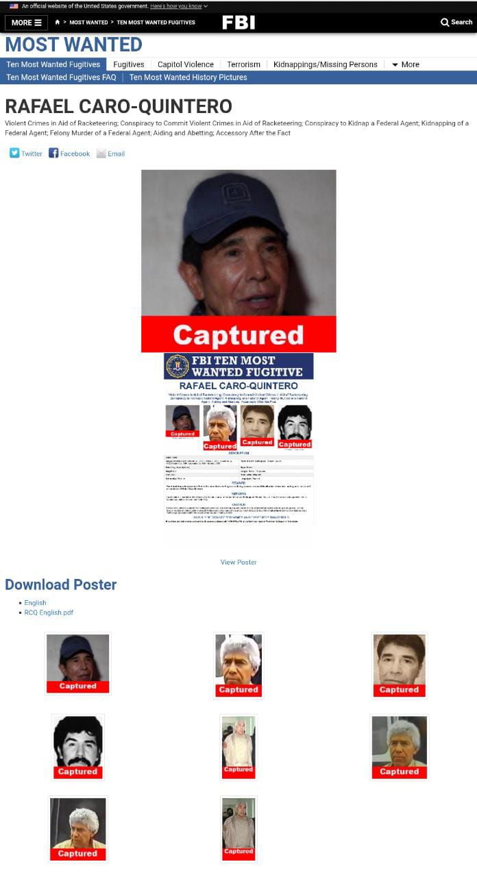 Ficha de Rafael Caro Quintero en la página de la DEA. (Especial)