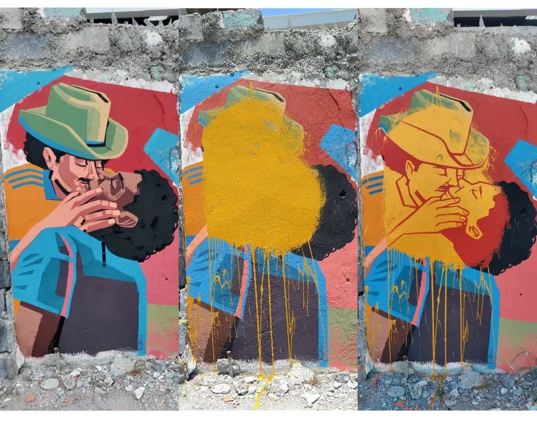 El artista urbano decidió restaurarla y sobre esta mancha amarilla volvió a plasmar la imagen.