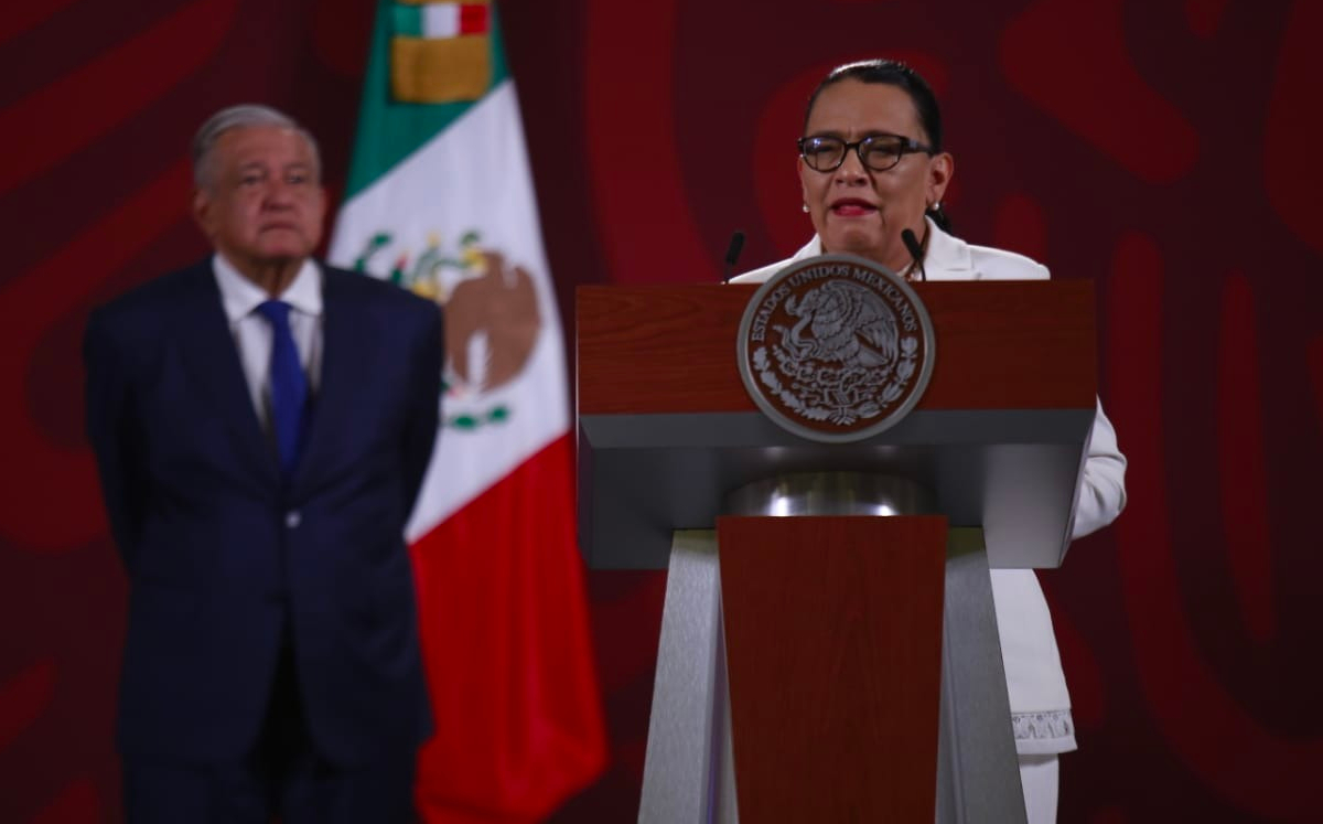 La secretaria de Seguridad, Rosa Icela Rodríguez, en la conferencia de hoy. | Juan Carlos Bautista