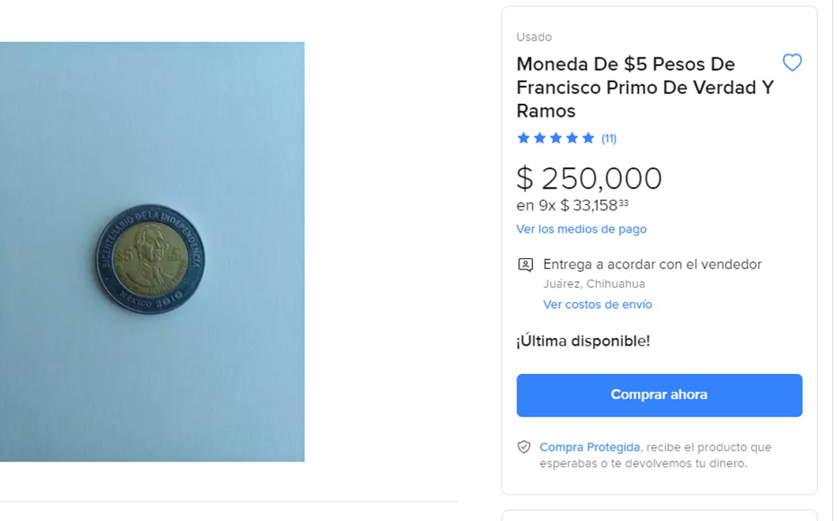 Monedas de 5 pesos son vendidas hasta en 250 mil
