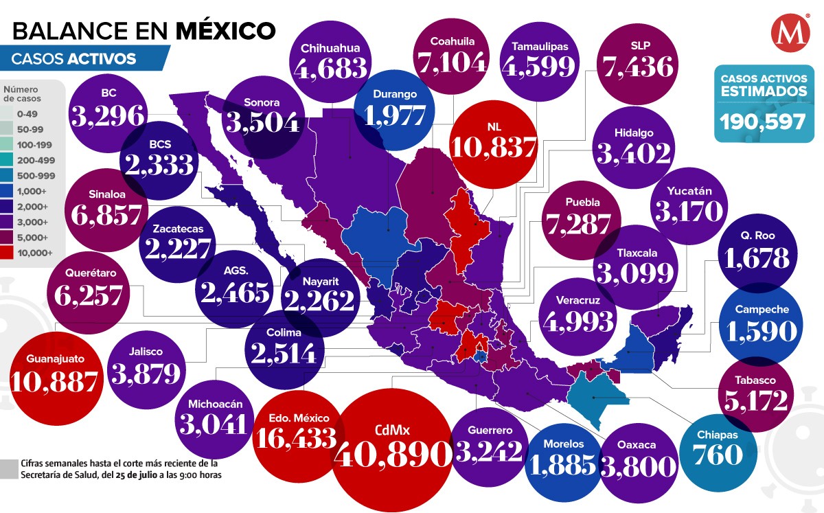 Mapa covid-19 en México al 25 de julio de 2022. (Ilustración)