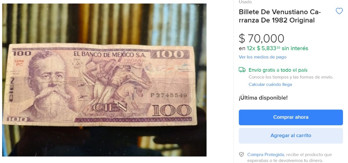 Billete de 100 pesos de Venustiano Carranza