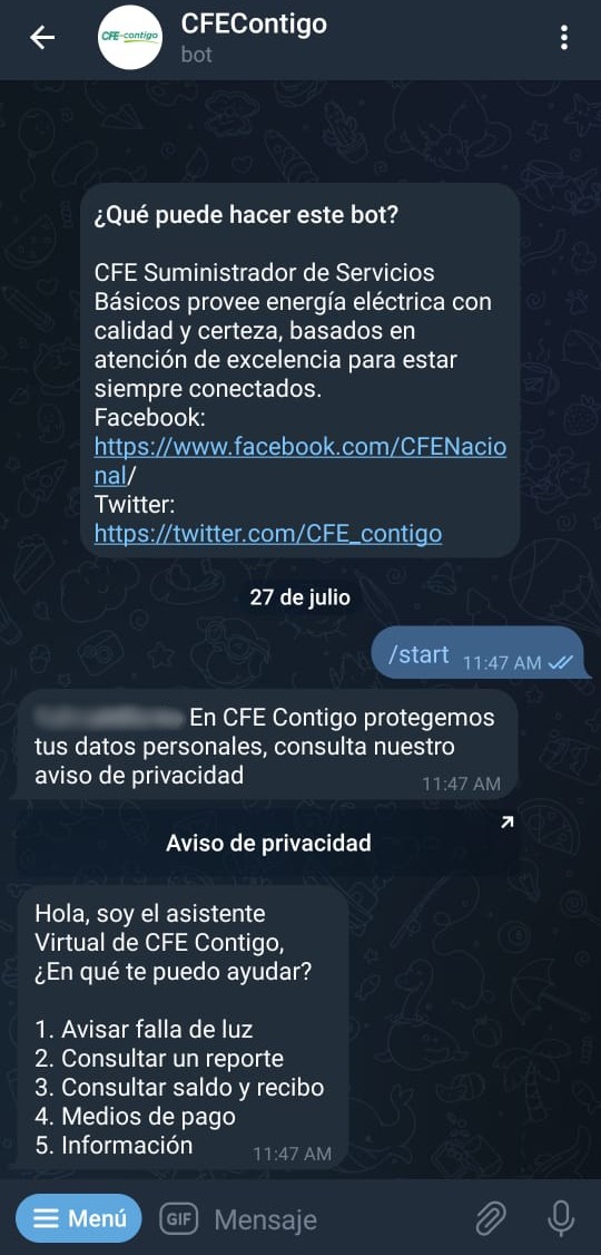 Bot de CFEContigo en Telegram