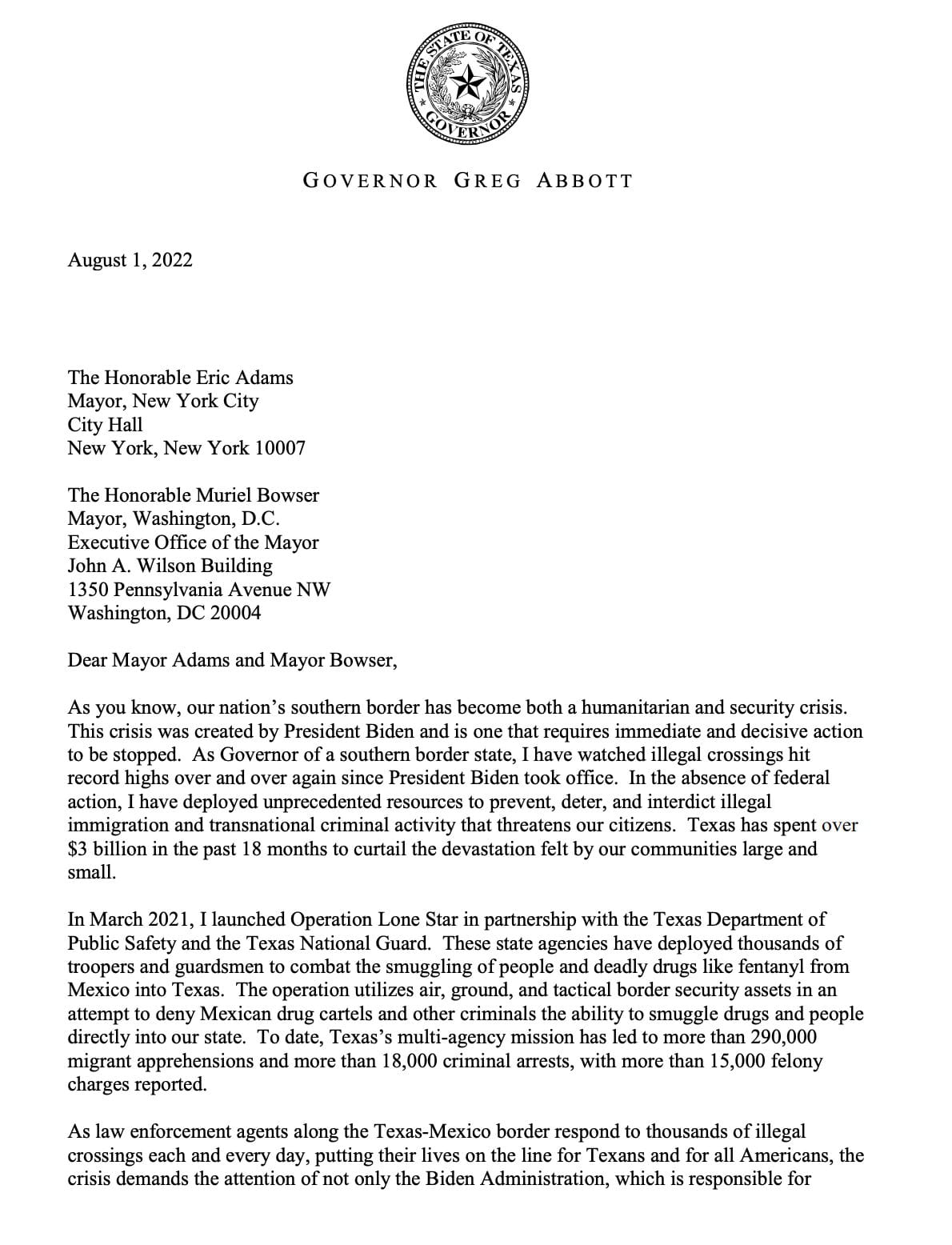 carta gobernador de Texas