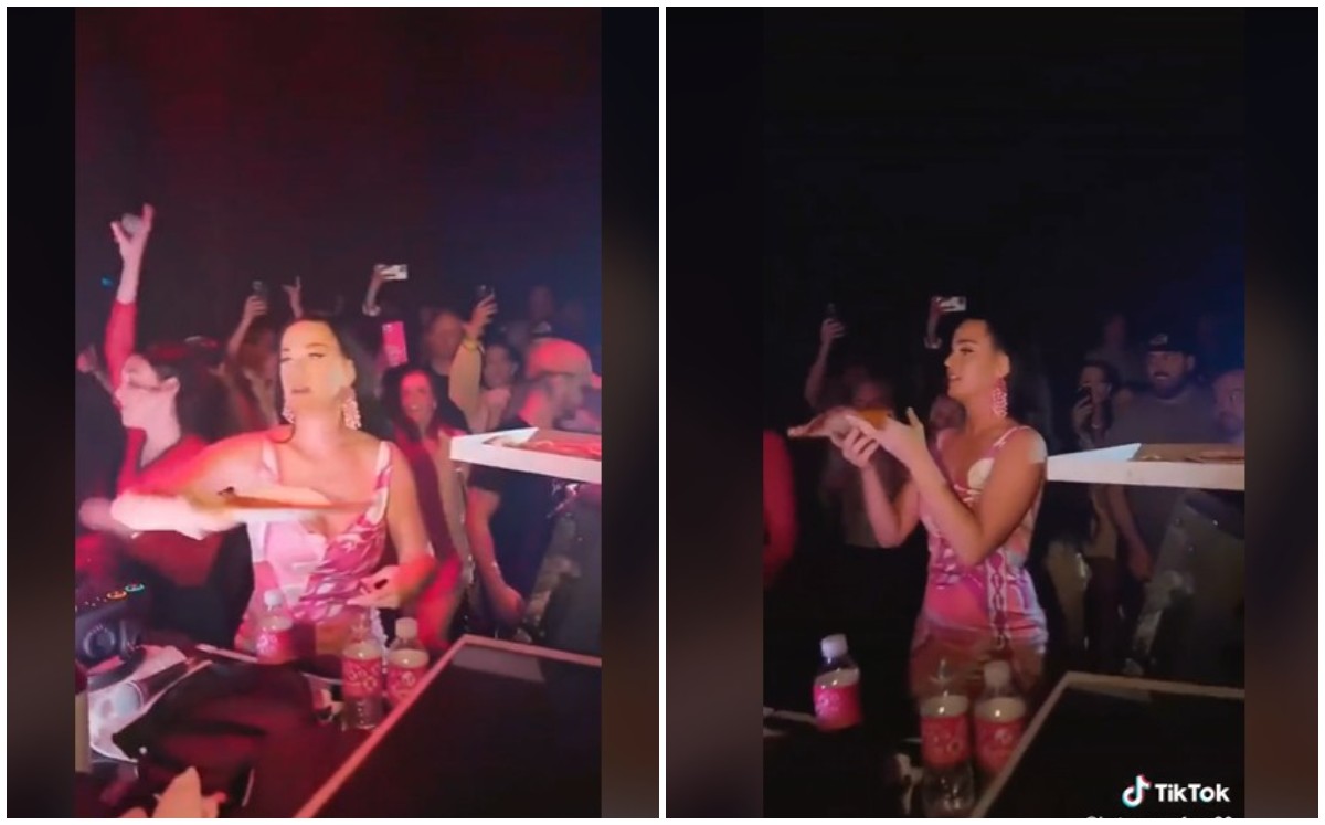 Katy Perry avienta rebanadas de pizza en un bar (Captura).