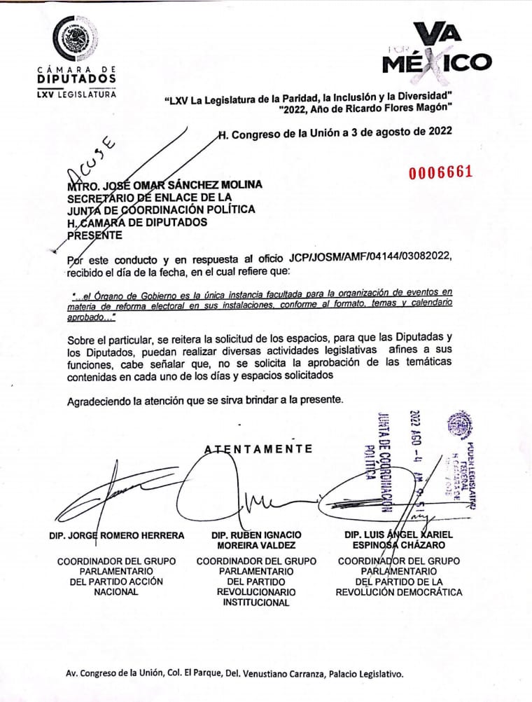 Solicitud de espacios en el Palacio de San Lázaro por la coalición Va por México