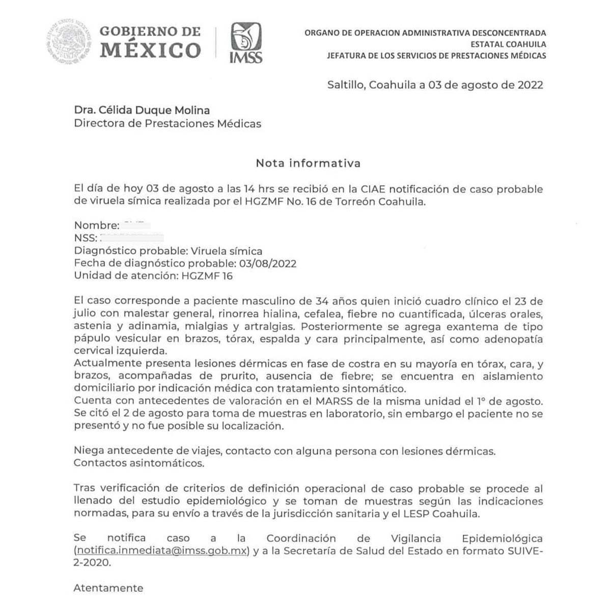 Viruela de mono en Torreón, comunicado del IMSS. (Especial)