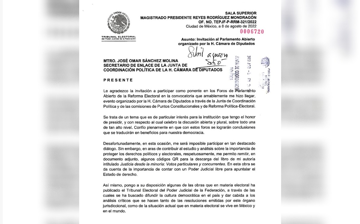 Presidente del TEPJF rechaza invitación a parlamento de la reforma electoral