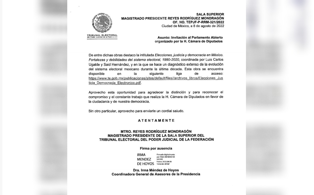 Presidente del TEPJF rechaza invitación a parlamento de la reforma electoral