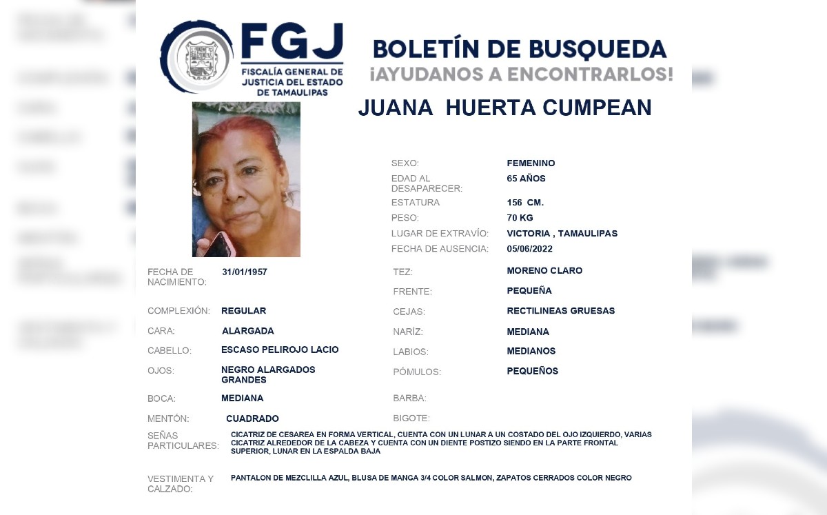 Juana Huerta Cumpean reportada como desaparecida en Ciudad Victoria.